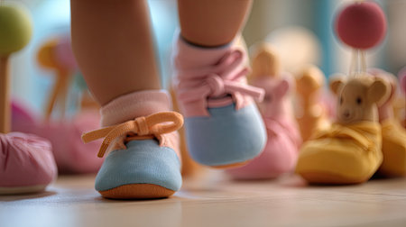 This charming image showcases adorable baby feet wearing colorful shoes, set against a playful background, emphasizing childhood joy and exploration.の素材