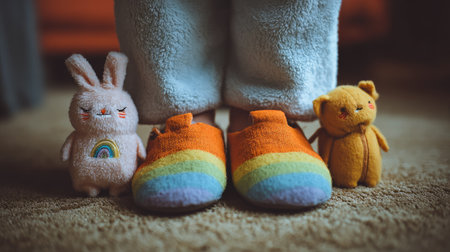 This heartwarming image captures colorful slippers paired with cute stuffed animals, set against a soft carpet, evoking comfort and joy in a cozy home environment.の素材