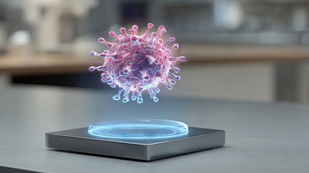 This captivating 3D render showcases a coronavirus particle in vibrant colors floating above a sleek modern surface, symbolizing the intersection of science and technology in healthcare.の素材