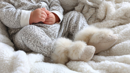 A cozy baby dressed in warm fleece pajamas with adorable fur booties sits comfortably atop a plush blanket, radiating warmth and cuteness.の素材