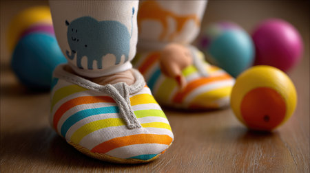 A charming composition featuring colorful baby shoes with stripes resting near vibrant balls on a wooden floor, adding warmth and joy to any child's space.の素材