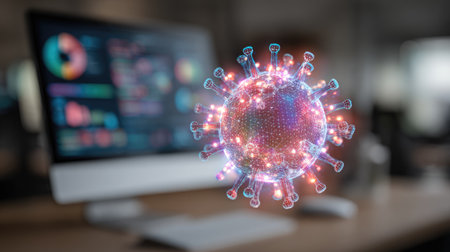 A detailed 3D visualization of a virus structure is displayed above a computer screen in a modern office, highlighting data analytics and scientific research.の素材