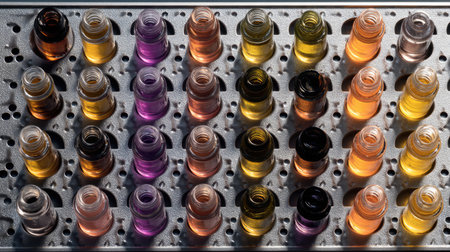 A collection of vibrant liquid-filled bottles in an array of colors is artistically arranged on a metal tray. Perfect for showcasing creativity.の素材