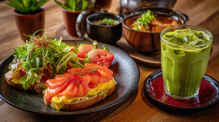 A vibrant gourmet breakfast featuring avocado toast topped with salmon, fresh salad, juicy tomatoes, and a refreshing green drink on a rustic wooden table.の素材