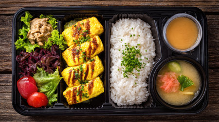 Experience a vibrant Japanese bento box featuring grilled egg, fluffy rice, fresh salad, and savory miso soup, perfect for a nutritious meal.の素材