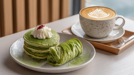 Experience a scrumptious moment with soft matcha pancakes layered with whipped cream, served alongside a beautifully crafted latte. Perfect for dessert!の素材