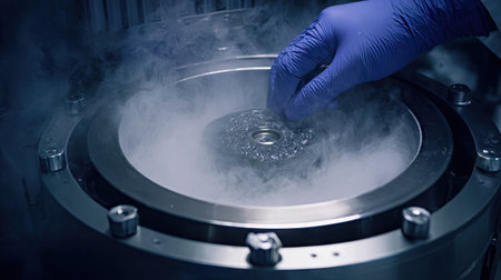 A detailed view of a laboratory environment where a scientist in gloves operates advanced equipment producing dry ice smoke. This scene highlights advanced scientific research techniques and precision tools used for experimentation.の素材