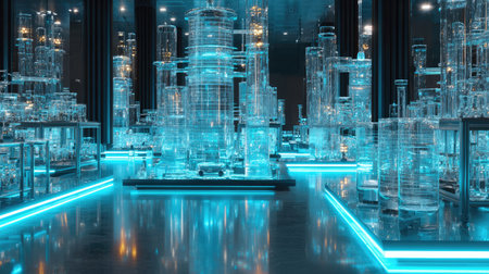 A stunning view of a futuristic laboratory featuring illuminated glass equipment, highlighting modern research technology in a sleek, spacious environment.の素材