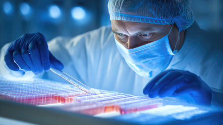 A focused laboratory technician in a mask and gloves conducts precise experiments using a pipette to analyze samples in a modern research setting.の素材