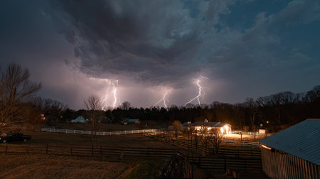 A captivating scene of lightning illuminating the night sky above a serene rural landscape, showcasing the power of nature during a thunderstorm.の素材