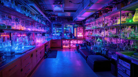 A vivid laboratory scene features glowing glassware illuminated in vibrant colors. Creative lighting enhances the artistic ambiance, showcasing scientific exploration.の素材