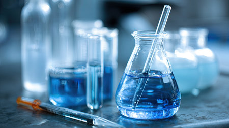 A collection of laboratory glassware showcasing blue liquid in beakers and test tubes, ideal for scientific research and experimentation, highlighting precision work.の素材
