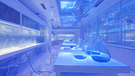 A modern laboratory showcasing sleek glassware and a blue ambient light design. The clean and sterile environment emphasizes innovative scientific research and aesthetics.の素材