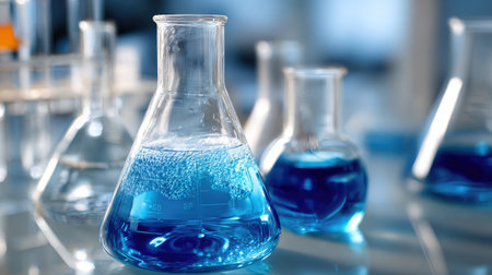 A collection of glass laboratory flasks containing vibrant blue liquid solutions in a modern lab, highlighting the intricate processes of scientific experiments.の素材