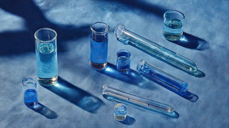 An artistic arrangement of laboratory glassware featuring various shapes and sizes, filled with vibrant blue liquids, set against a textured backdrop.の素材