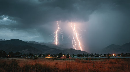 This captivating image captures a powerful lightning storm striking over mountain ranges, with dark clouds swirling above and illuminating the landscape.の素材