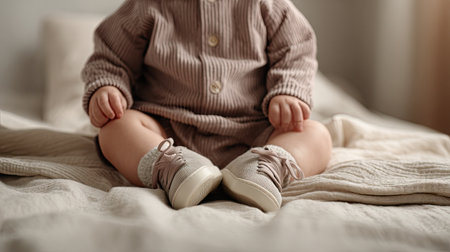A charming baby sits comfortably on a soft bed, showcasing a stylish outfit and adorable shoes. The scene radiates warmth, coziness, and innocence.の素材