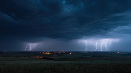 A captivating thunderstorm showcases dramatic lightning strikes illuminating a rural landscape under darkening clouds. The scene captures the raw power of nature, combining beauty with intensity.の素材