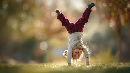 A joyful child engages in a playful handstand, showcasing pure happiness and energy in a sunlit garden filled with vibrant autumn colors.の素材