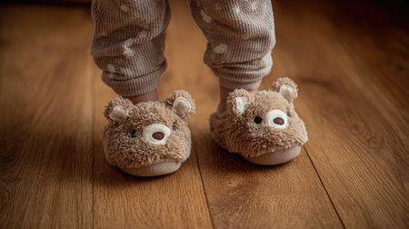 A cute toddler stands on a wooden floor, wearing fuzzy bear slippers that add a playful touch to the cozy indoor scene, perfect for capturing childhood joy.の素材