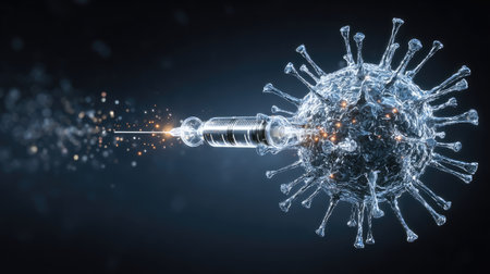 This striking image illustrates the concept of vaccination. It shows a syringe injecting a vaccine into a virus, symbolizing medical advancement and disease prevention in a visual and impactful way.の素材