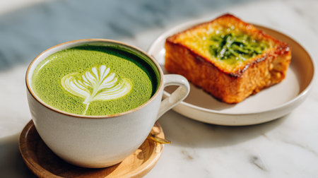 Enjoy a vibrant matcha latte with an intricate foam design alongside a delectable pastry, creating a perfect breakfast experience on a marble table.の素材