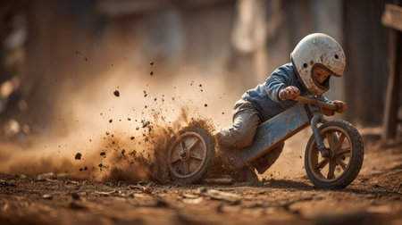 A joyful child rides a tricycle in a dusty outdoor setting, creating clouds of dust while engaging in thrilling play. The scene captures the essence of carefree childhood and adventure.の素材