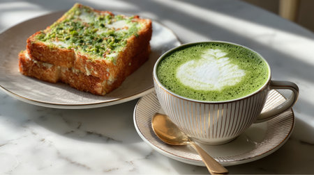 A vibrant matcha tea served in an elegant cup alongside a golden slice of toast, beautifully presented on a marble table, capturing a cozy morning moment.の素材