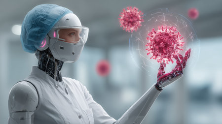 A futuristic robot scientist interacts with a detailed virus cell in a high-tech laboratory, symbolizing advanced research and innovation in healthcare and biology.の素材