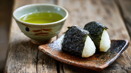 Delight in the simplicity of onigiri rice balls wrapped in nori, perfectly paired with a cup of green tea, set in a rustic wooden environment.の素材