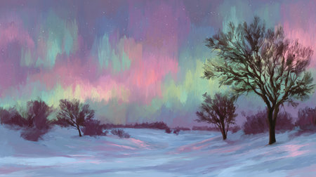 Stunning digital artwork featuring the mesmerizing aurora borealis glowing over a tranquil snowy landscape. The colorful display contrasts beautifully with the dark trees and starry sky.の素材