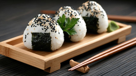 This image showcases three beautifully arranged onigiri rice balls topped with black sesame seeds and garnished with parsley, perfect for a delightful meal.の素材