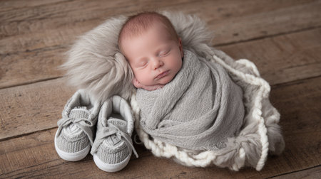 This heartwarming image captures a peaceful newborn sleeping snugly in a soft blanket, accompanied by cozy gray shoes on a rustic wooden surface.の素材