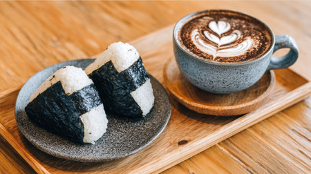 A delightful presentation of two onigiri rice balls wrapped in seaweed paired with a smooth latte featuring intricate latte art, ideal for breakfast or a snack.の素材