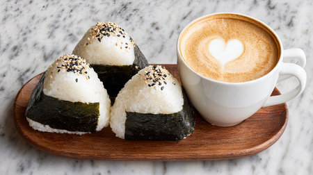 A delightful presentation of three onigiri rice balls garnished with black sesame, paired with a cozy latte featuring a charming heart design, perfect for food lovers.の素材
