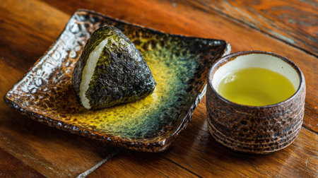 Experience the harmony of flavors with a handmade rice ball wrapped in seaweed, served alongside a cup of freshly brewed green tea, perfect for a cozy moment.の素材