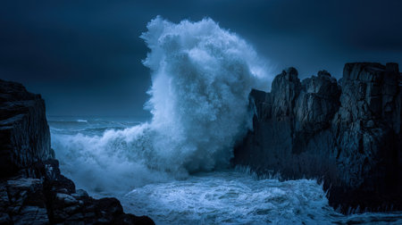 A powerful ocean wave crashes against rugged rocks along a dark coastline, capturing the fierce beauty of nature under a stormy sky.の素材