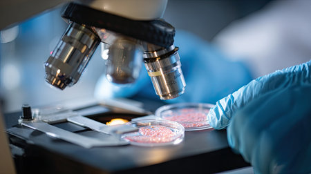 Detailed close-up of a microscope in a laboratory setting with a lab technician's hand in blue gloves, examining petri dishes. Ideal for science and research themes.の素材