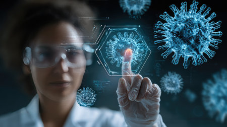 A dedicated scientist engages with digital virus models in a futuristic laboratory, showcasing the intersection of technology and microbiology for research.の素材