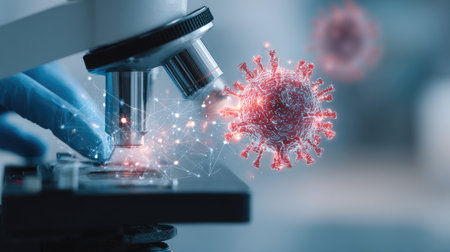 A detailed representation of scientific research using a microscope in a lab, showcasing virus structure with digital elements, highlighting innovation in healthcare.の素材