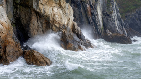 Stunning view of powerful waves crashing against rugged cliffs in a captivating coastal scene, showcasing the dynamic beauty of nature during stormy weather.の素材