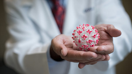 A researcher in a lab setting holds a detailed model of a virus, showcasing the importance of viral studies in health science, education, and research.の素材