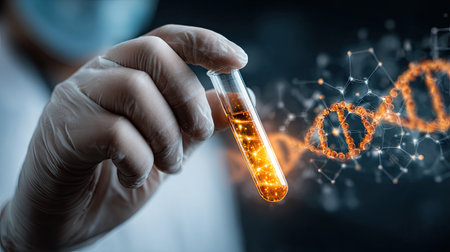 A focused image of a scientist holding a test tube filled with a glowing substance, surrounded by a DNA structure, representing advanced research and discovery in the laboratory.の素材