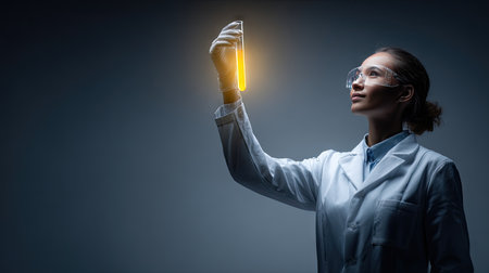A focused female scientist examines a test tube containing glowing yellow liquid in a dark laboratory, epitomizing scientific inquiry and innovation.の素材