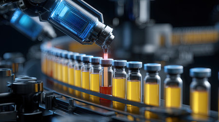 A sophisticated automated production line showcases a robotic arm efficiently filling vials with liquid in a pharmaceutical manufacturing setting. This scene highlights modern technology and precision in the laboratory workflow, emphasizing the importance of automation and quality control in the industry.の素材