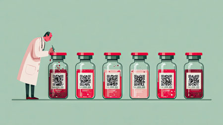 A medical professional carefully examines medicine vials featuring QR codes in a well-equipped laboratory setting, emphasizing scientific research and innovation.の素材
