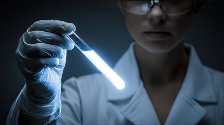 A dedicated female scientist carefully examines a glowing liquid within a test tube, showcasing the essence of research and innovation in a modern laboratory.の素材