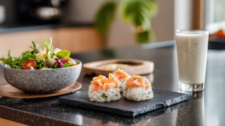 A vibrant display of sushi, salad, and a refreshing smoothie on a sleek kitchen counter, capturing the essence of healthy and modern dining.の素材