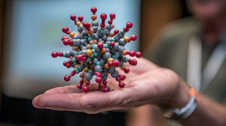 A person presenting a colorful molecular model in a hand, highlighting educational and scientific exploration in biology and chemistry.の素材