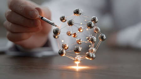 A captivating image depicting a human hand manipulating a molecular structure with a syringe, symbolizing innovation and scientific exploration in modern research.の素材